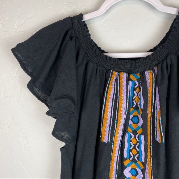 Piper By Townsen‎ Black Off The Shoulder Embroidered Cotton Mini Dress Women's S - Picture 2 of 7